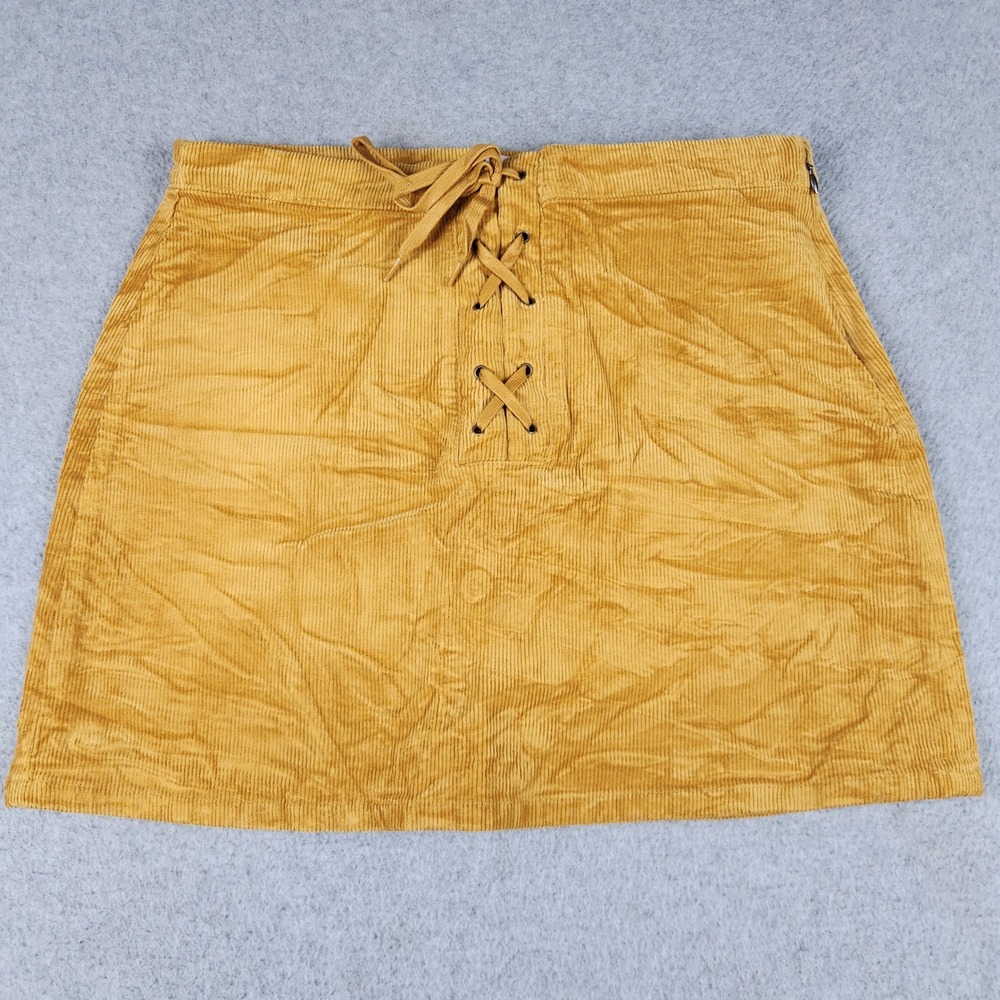 SO Lace Up Mini Skirt Womens 13 Mustard Corduroy High Rise Stretchy Side Zip